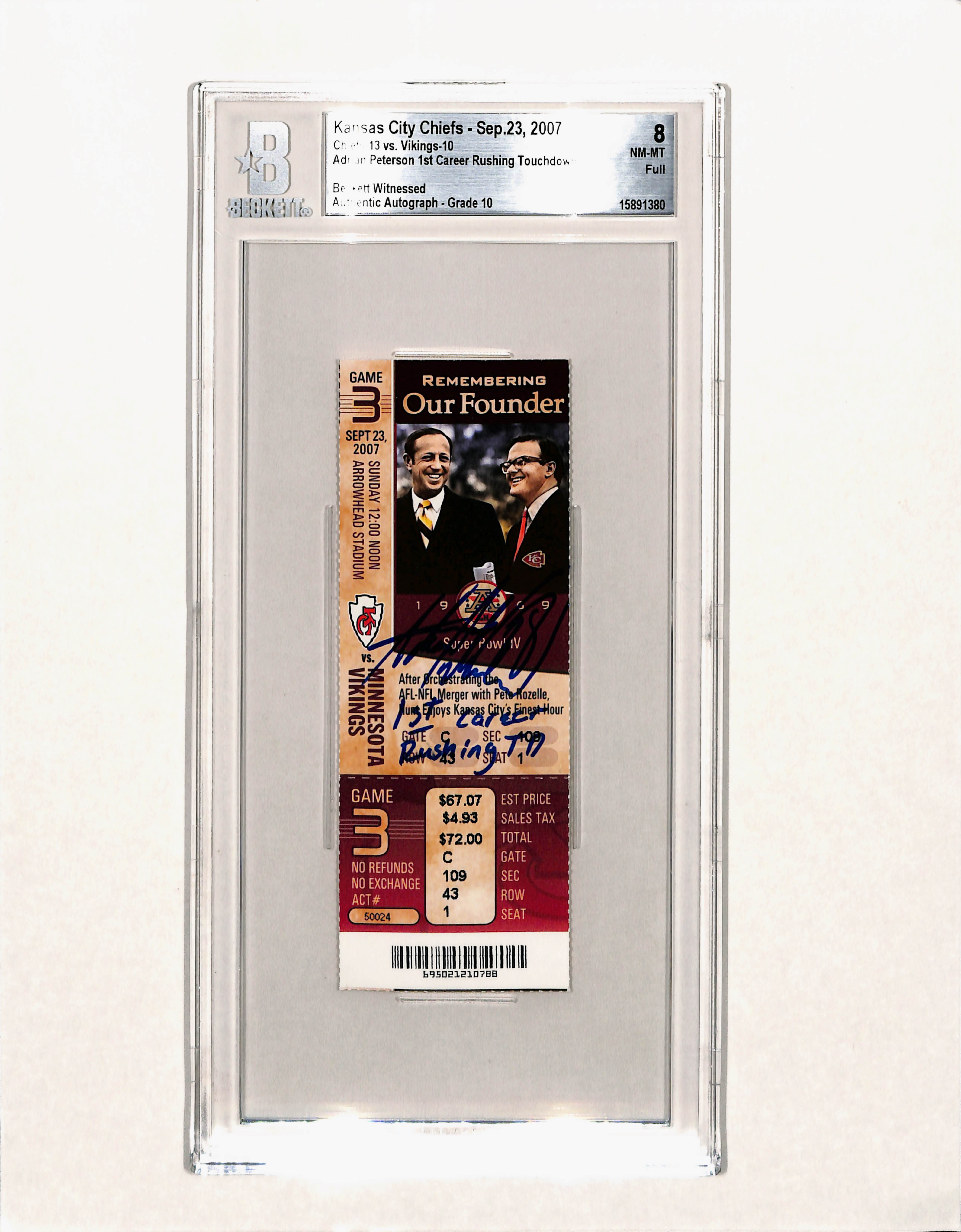 Adrian Peterson Signed Minnesota Vikings 9/23/07 1st TD Slab Ticket BAS 