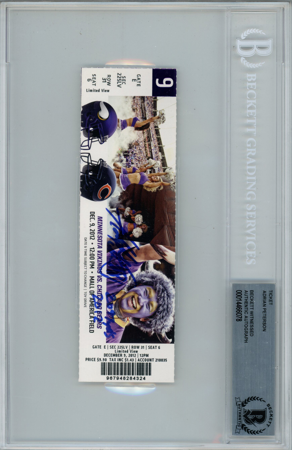 Adrian Peterson Autographed 12/9/2012 Ticket Stub 2097 Yds Beckett Slab