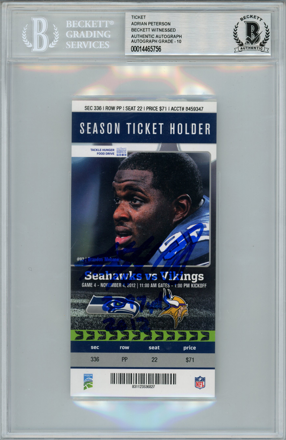 Adrian Peterson Autographed 11/4/2012 Ticket Stub 2097 Yds Beckett Slab