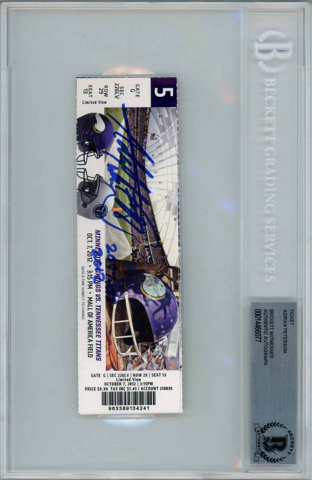 Adrian Peterson Autographed 10/7/2012 Ticket Stub 2097 Yds Beckett Slab