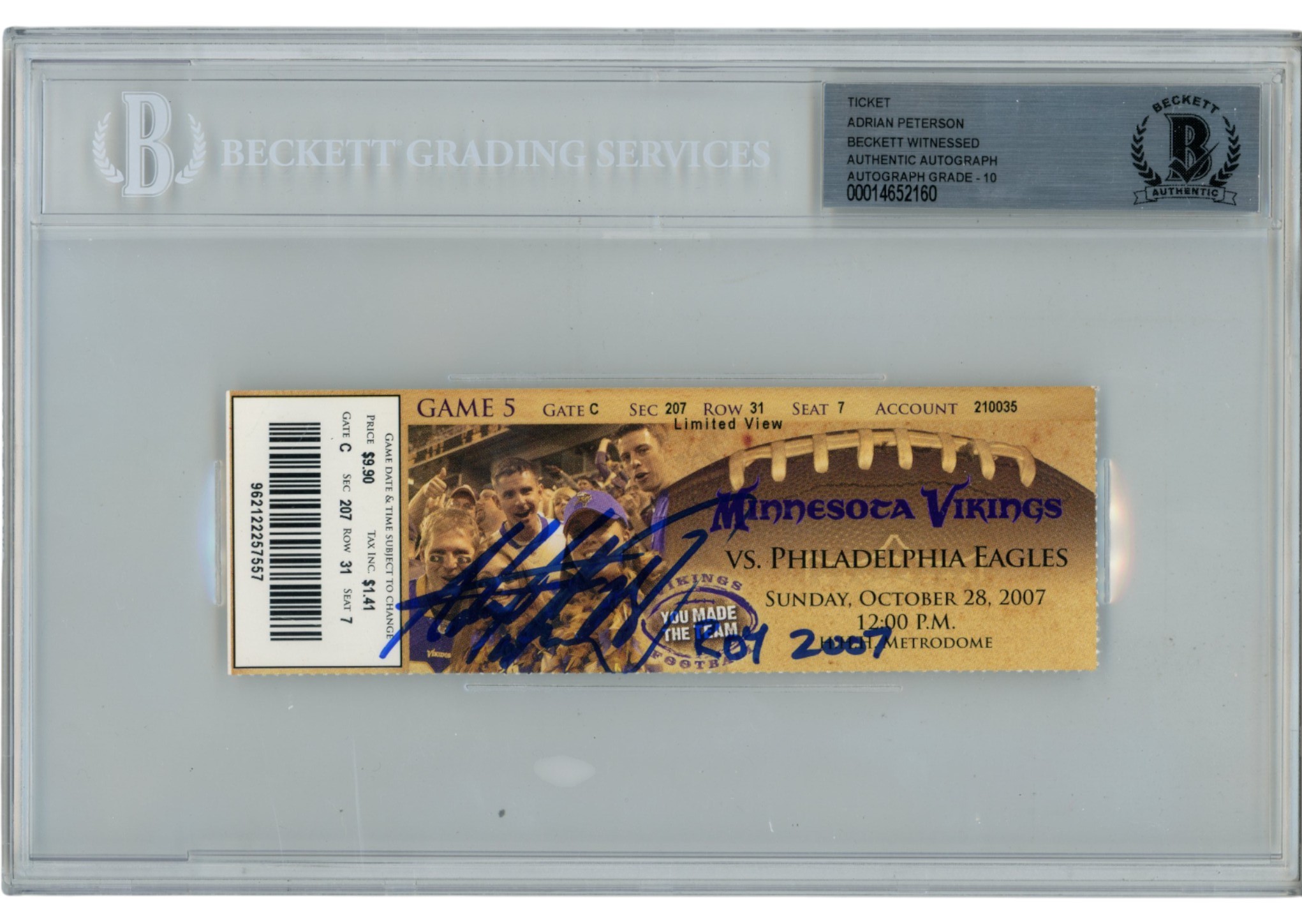 Adrian Peterson Autographed Minnesota Vikings 07ROY Slabbed Ticket Beckett 36361