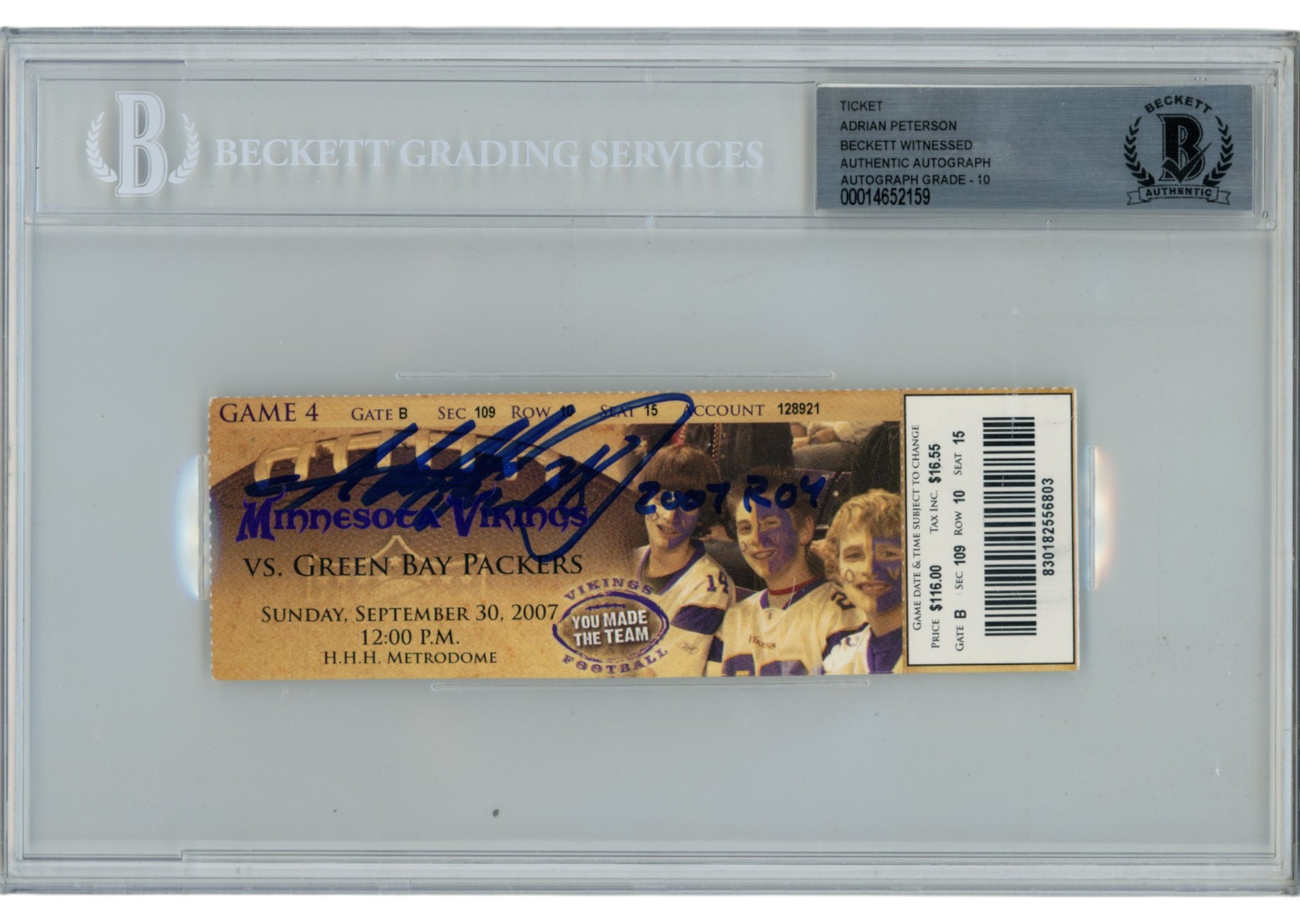 Adrian Peterson Autographed Minnesota Vikings 07ROY Slabbed Ticket Beckett 36363