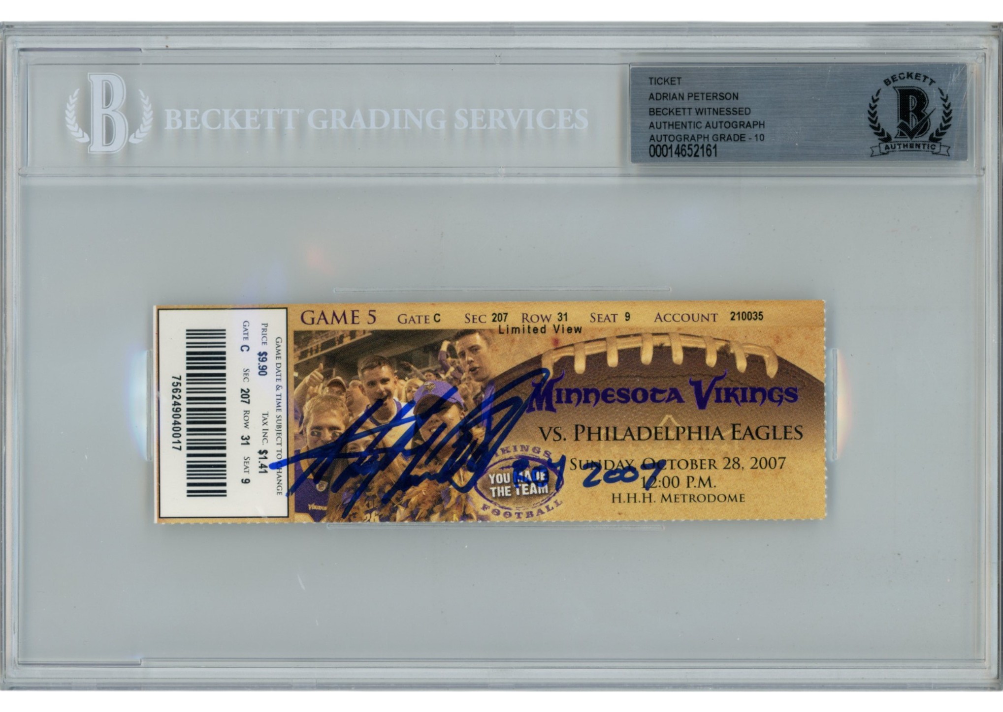 Adrian Peterson Autographed Minnesota Vikings 07ROY Slabbed Ticket Beckett 36364