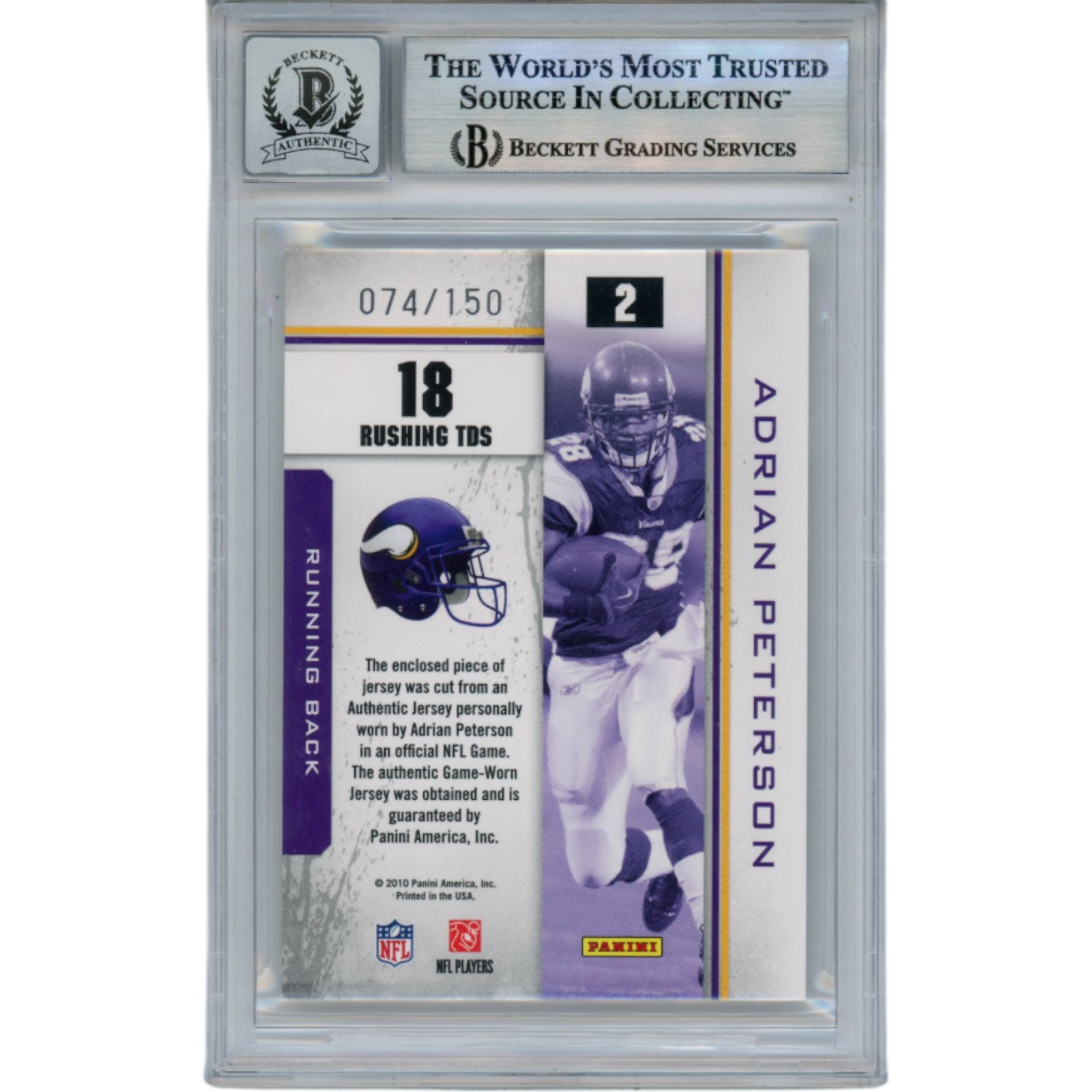 Adrian Peterson Autographed '10 Panini RS Patch/150 Trading Card Beckett 49817