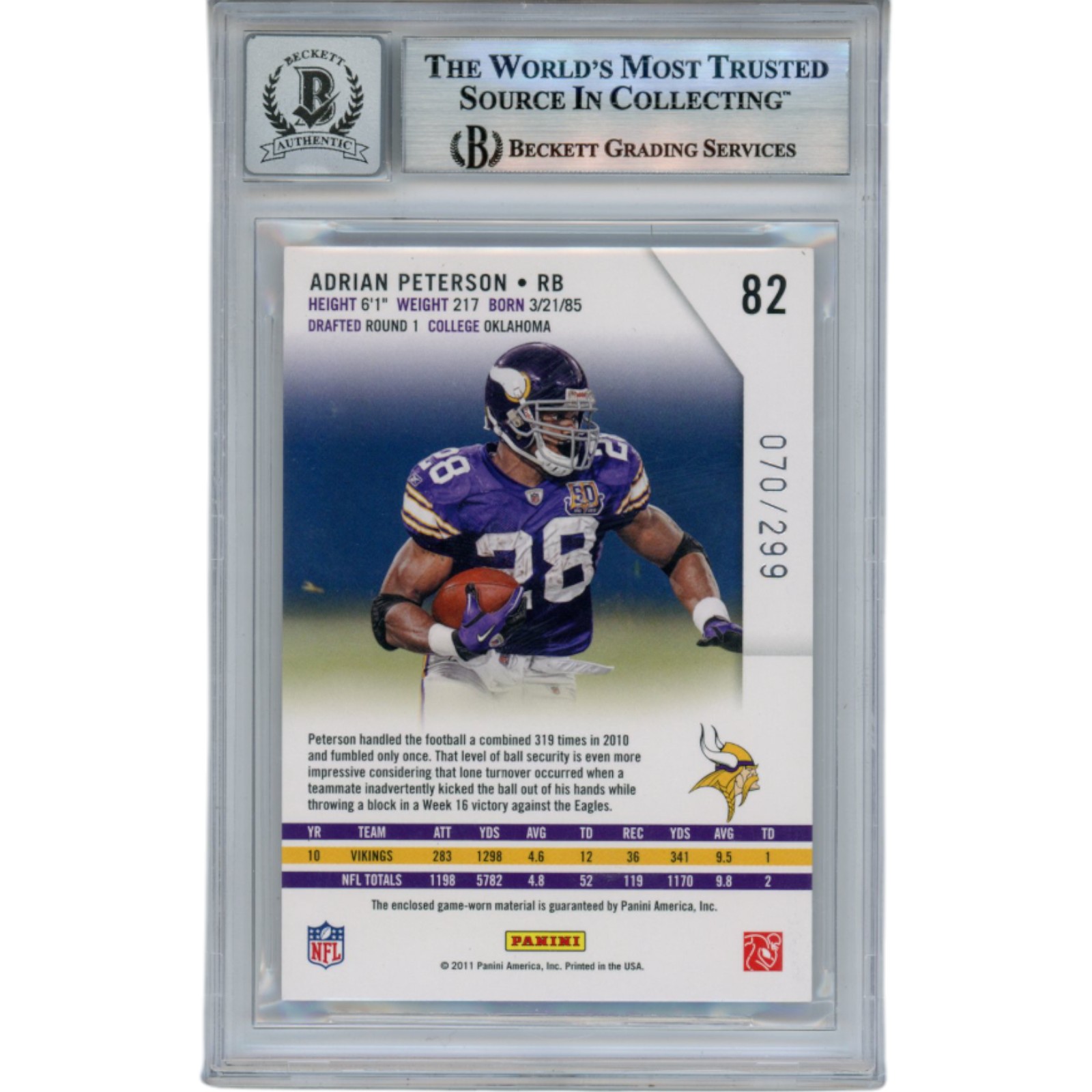 Adrian Peterson Autographed 11 Rookies & Stars Patch Trading Card Beckett 49818