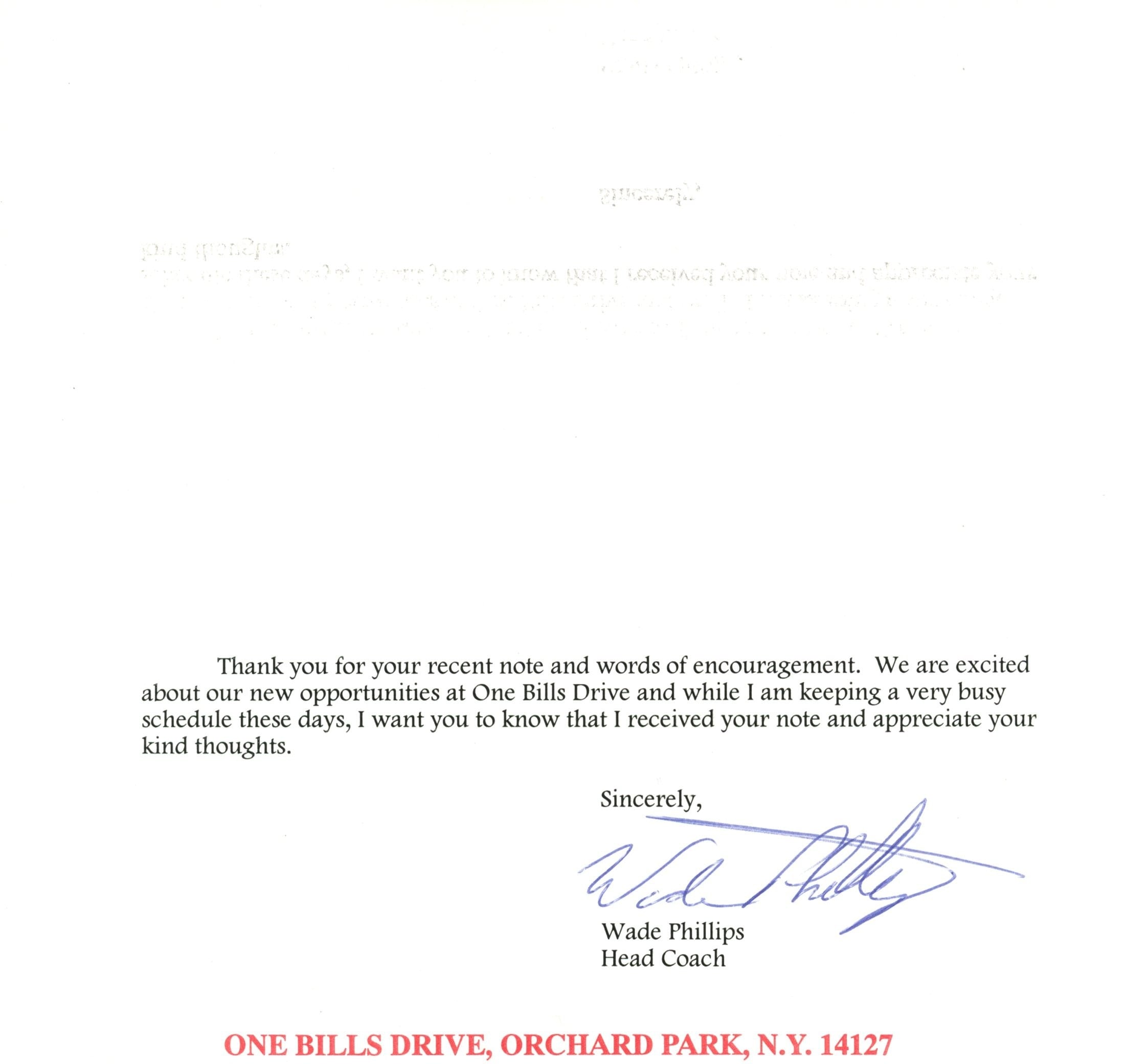 Wade Phillips Autographed/Signed Buffalo Bills Thank You Note & Card 57859 2 Wade Phillips Autographed/Signed Buffalo Bills Thank You Note & Card 57859