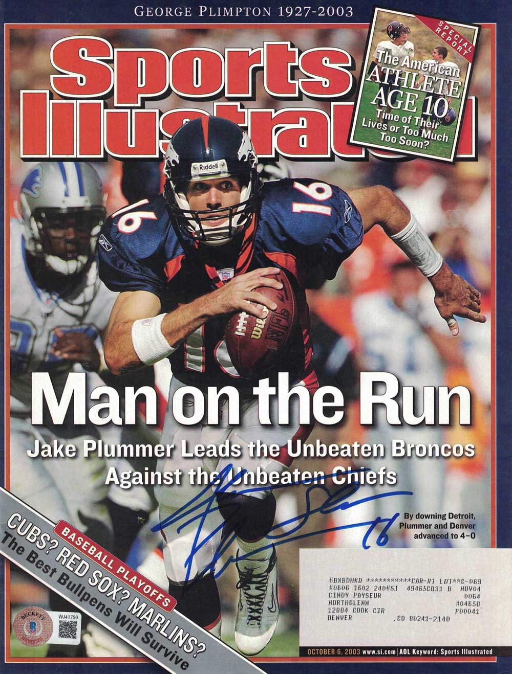 Jake Plummer Signed Denver Broncos 2003 Sports Illustrated Magazine BAS 32146