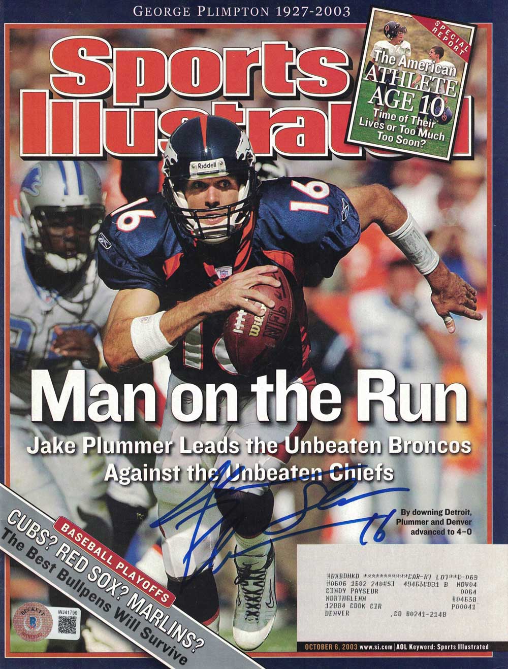 Jake Plummer Signed Denver Broncos 2003 Sports Illustrated Magazine BAS