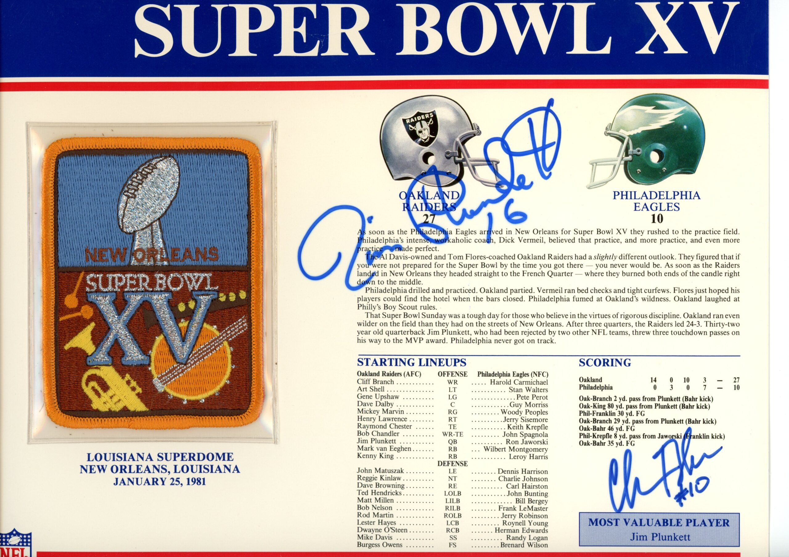 Jim Plunkett Chris Bahr Autographed Oakland Raiders SB XV Patch Beckett 54949