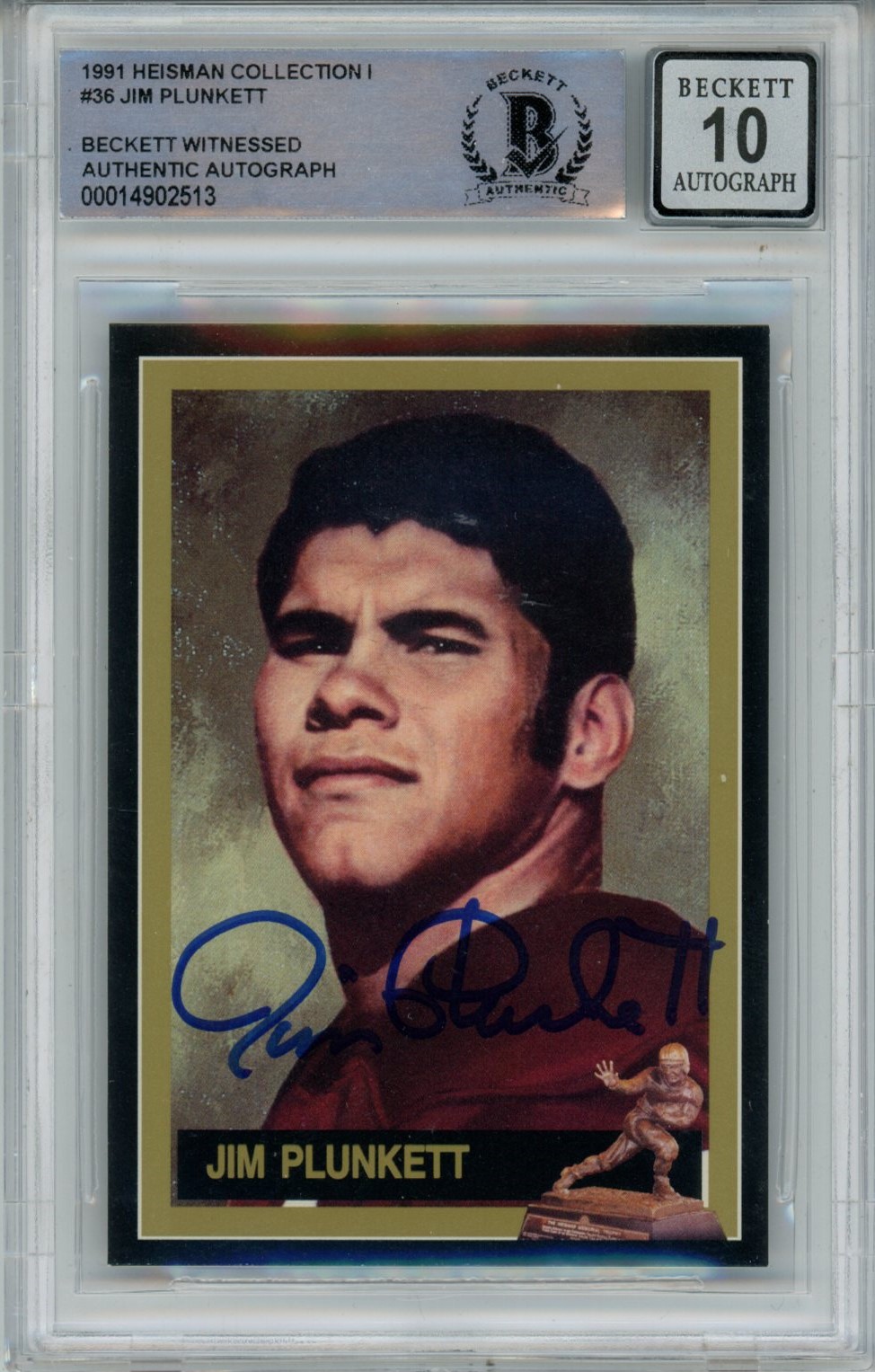 Jim Plunkett Signed Stanford Cardinal 1991 Heisman #36 Beckett Auto 10