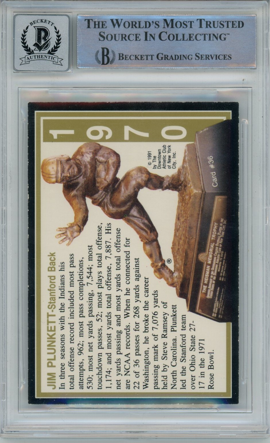 Jim Plunkett Signed Stanford Cardinal 1991 Heisman #36 Beckett Auto 10