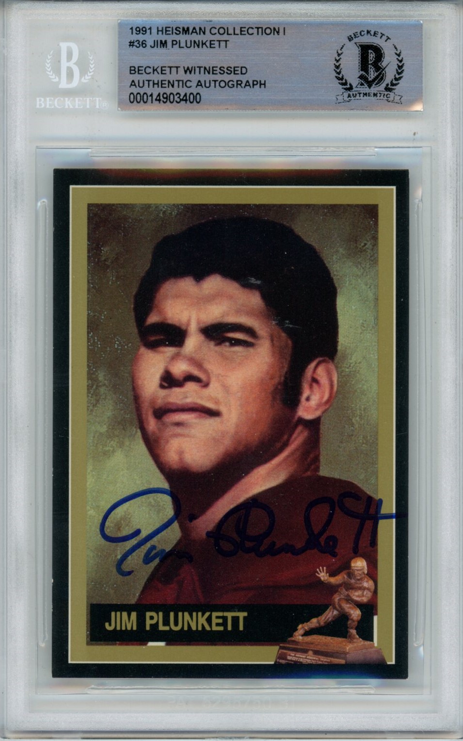 Jim Plunkett Signed Stanford Cardinal 1991 Heisman #36 Beckett Slab 