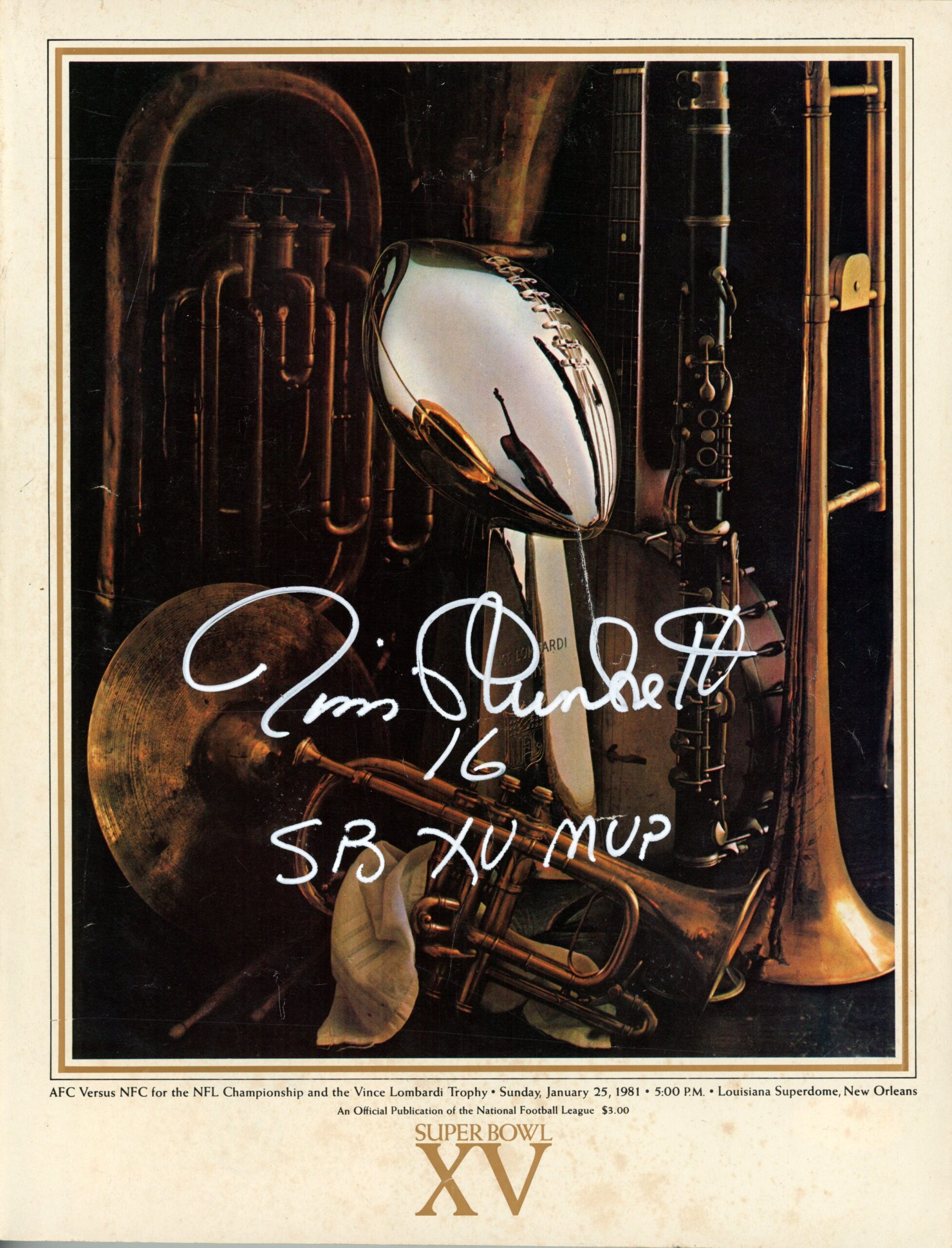 Jim Plunkett Autographed/Signed Oakland Raiders SB XV Program SB MVP JSA 55062