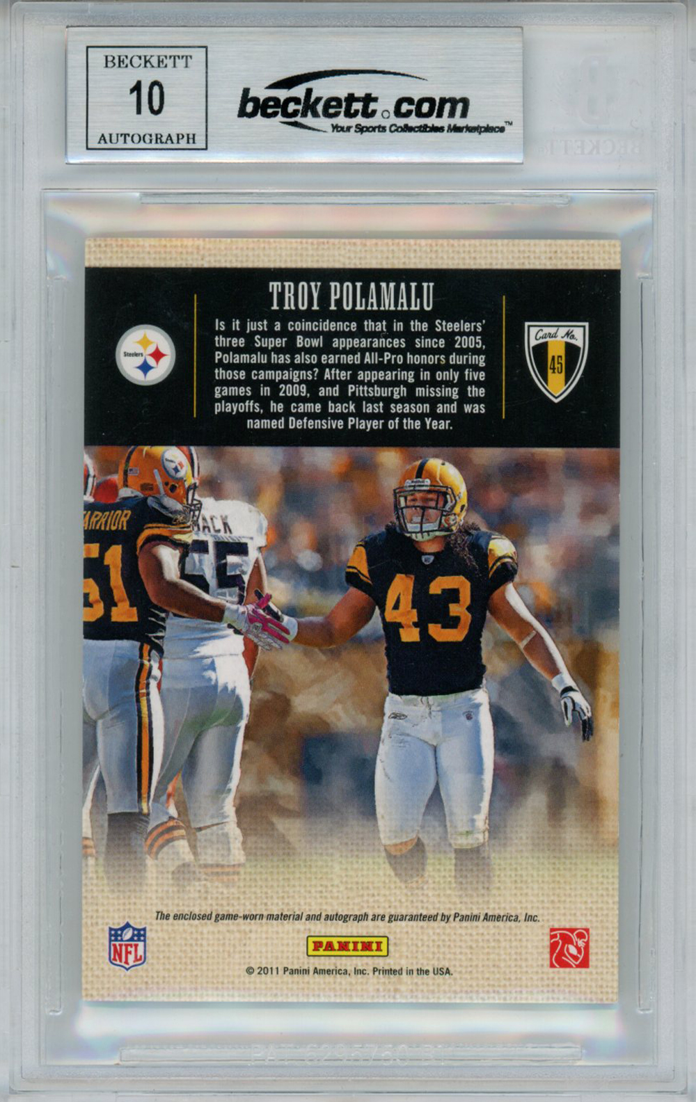 Troy Polamalu Signed 2011 Panini Threads Trading Card Beckett Slab