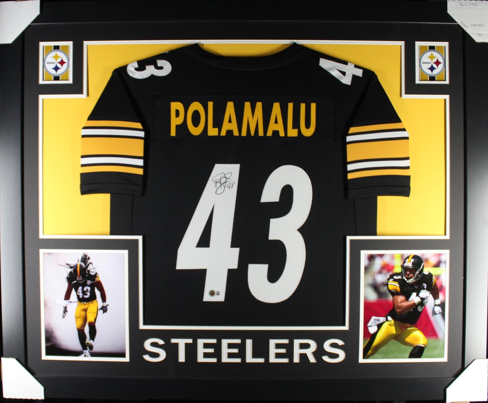 Troy Polamalu Autographed/Signed Pro Style Black XL Framed Jersey Beckett 51233