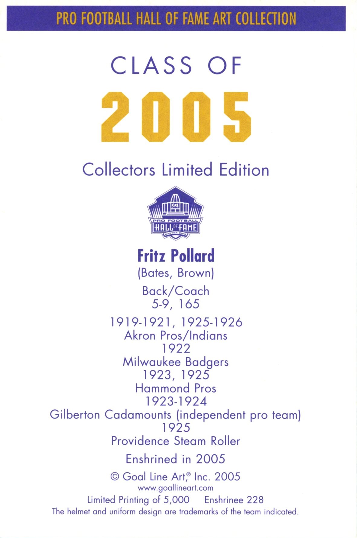 Fritz Pollard Akron Pros Goal Line Art Card Class of 2005 58137