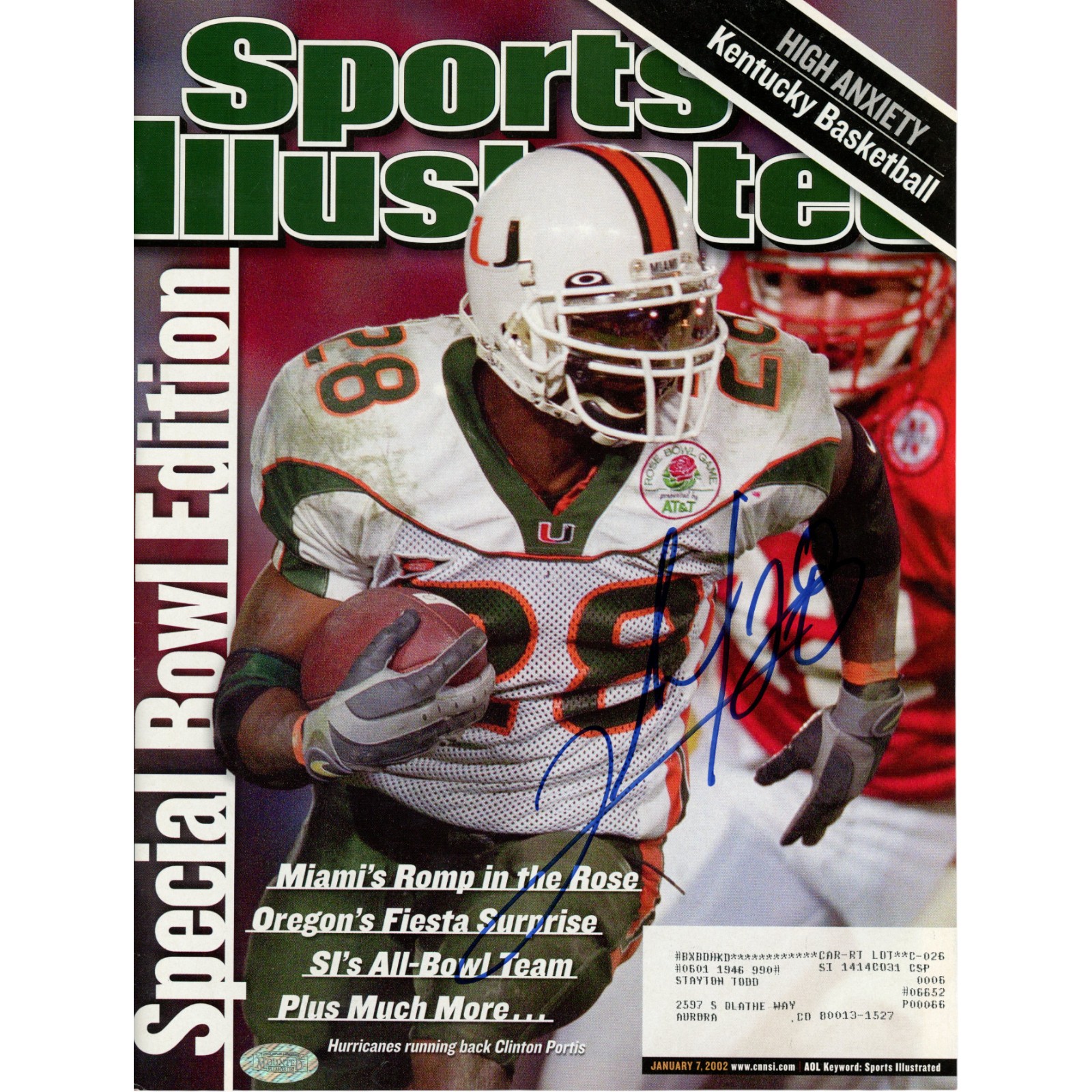 Clinton Portis Signed Miami Hurricanes Sports Illustrated Mounted Memories 51529