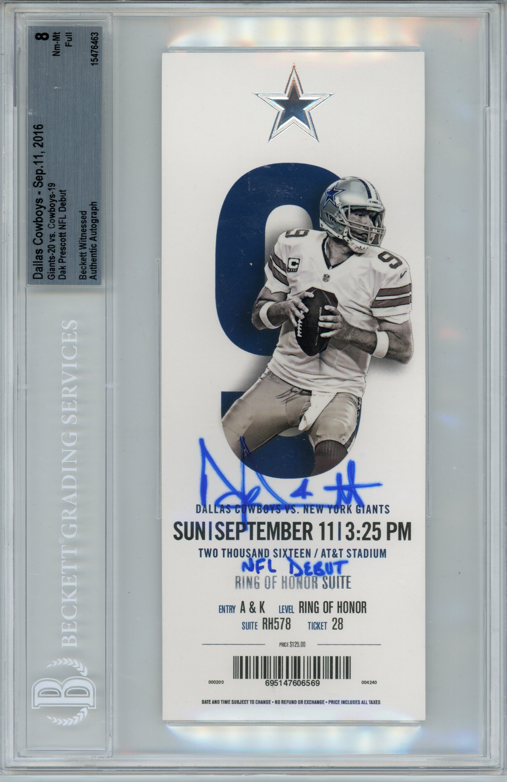 Dak Prescott Signed Dallas Cowboys Ticket Stub NFL Debut Beckett 