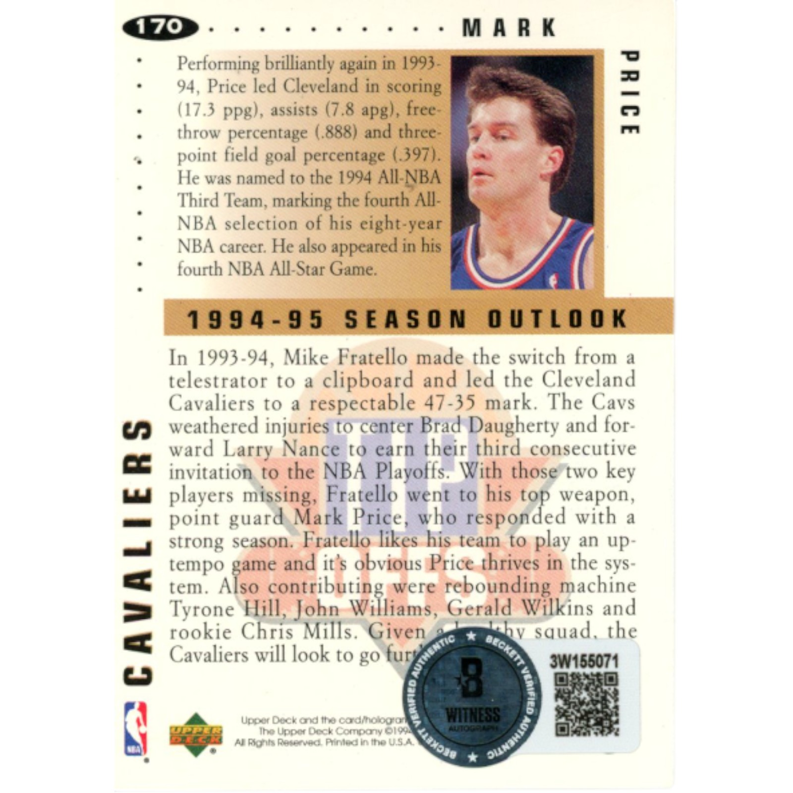 Mark Price Autographed Upper Deck 94-95 Collectors Choice 170 Card Beckett 51913 2 Mark Price Autographed Upper Deck 94-95 Collectors Choice 170 Card Beckett 51913