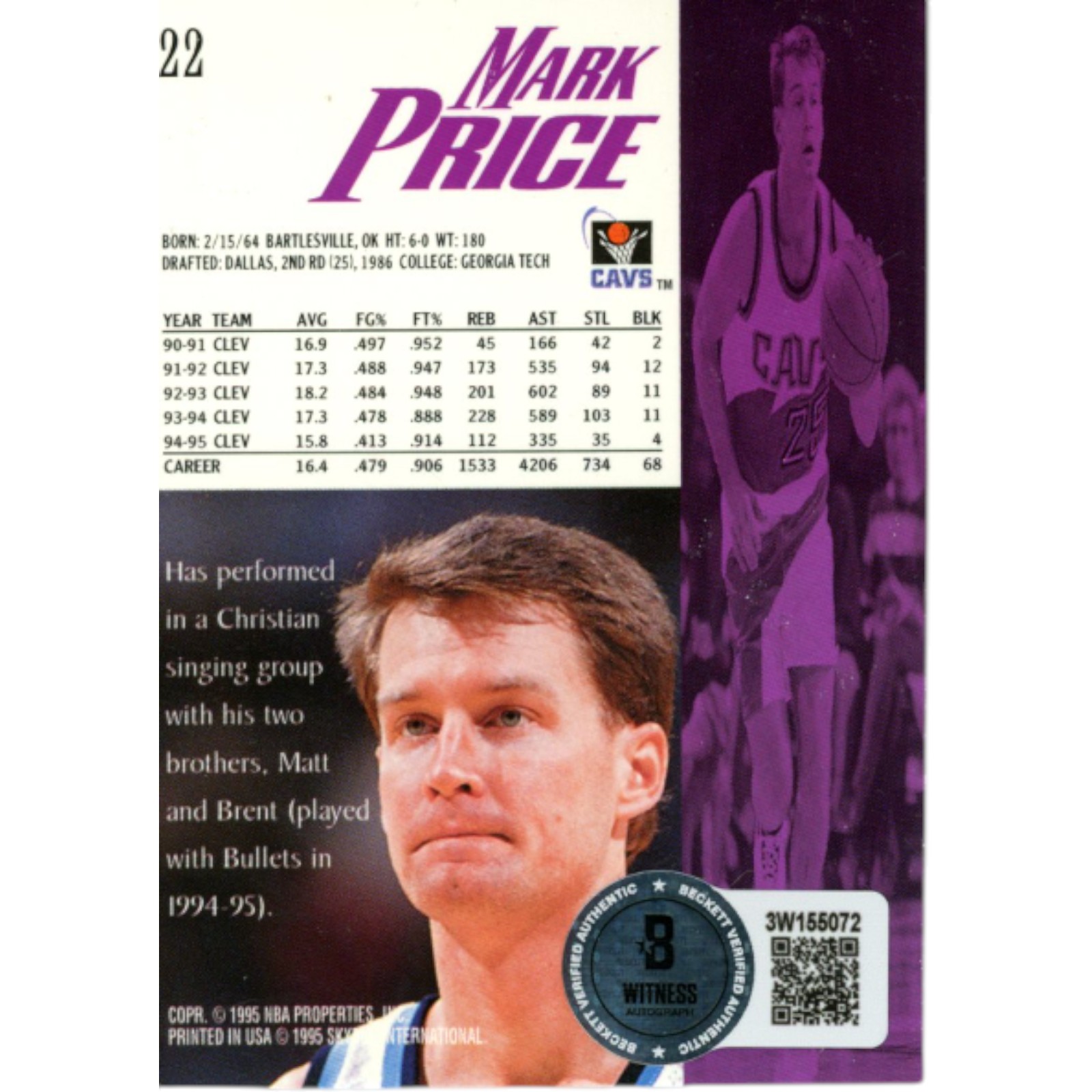 Mark Price Autographed/Signed Upper Deck 95-96 Skybox #22 Card Beckett 51919 2 Mark Price Autographed/Signed Upper Deck 95-96 Skybox #22 Card Beckett 51919