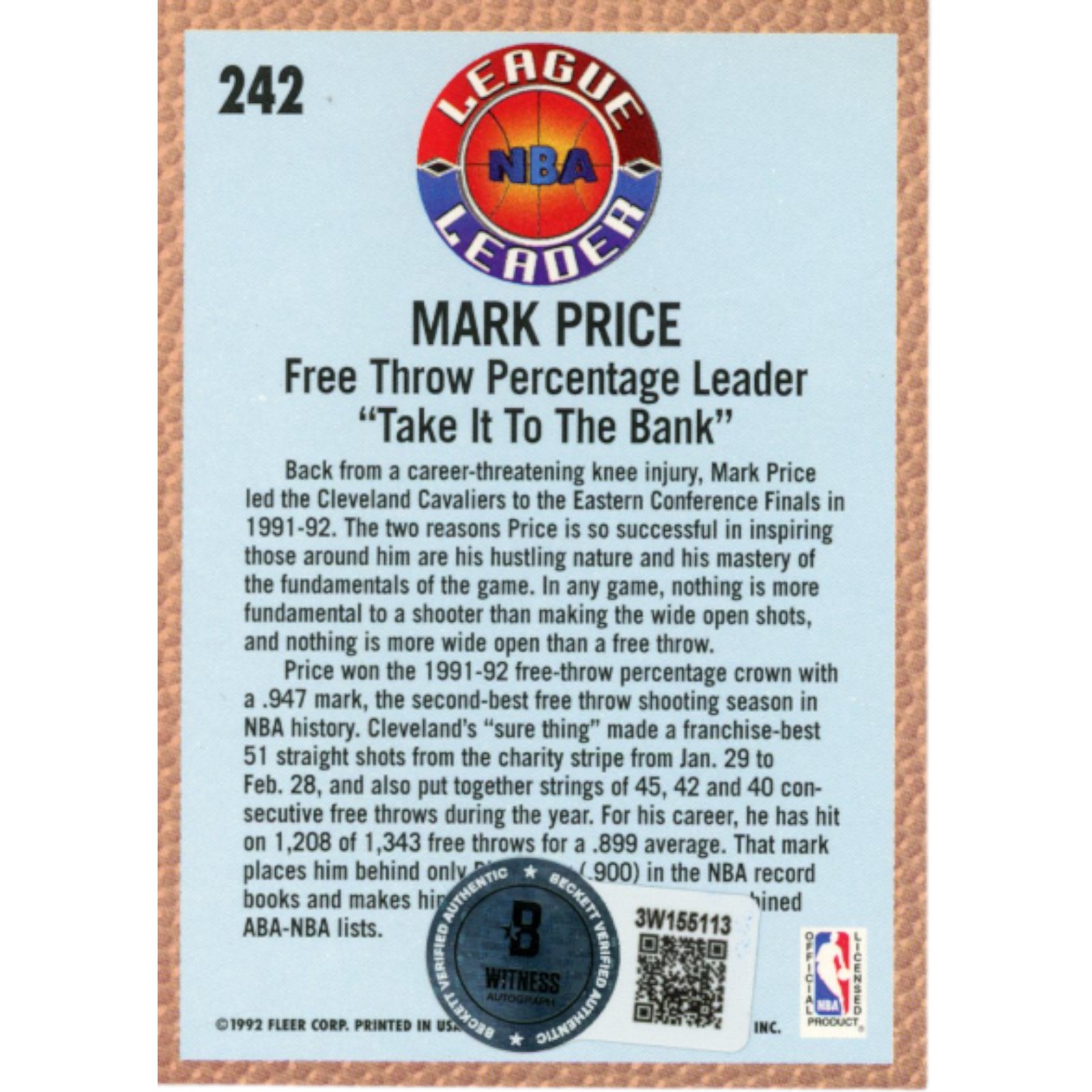 Mark Price Autographed/Signed Fleer 92-93 #242 Trading Card Beckett 51935 2 Mark Price Autographed/Signed Fleer 92-93 #242 Trading Card Beckett 51935