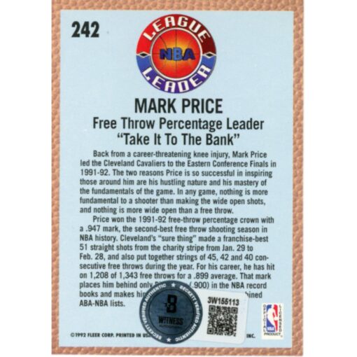 Mark Price Autographed/Signed Fleer 92-93 #242 Trading Card Beckett 51935