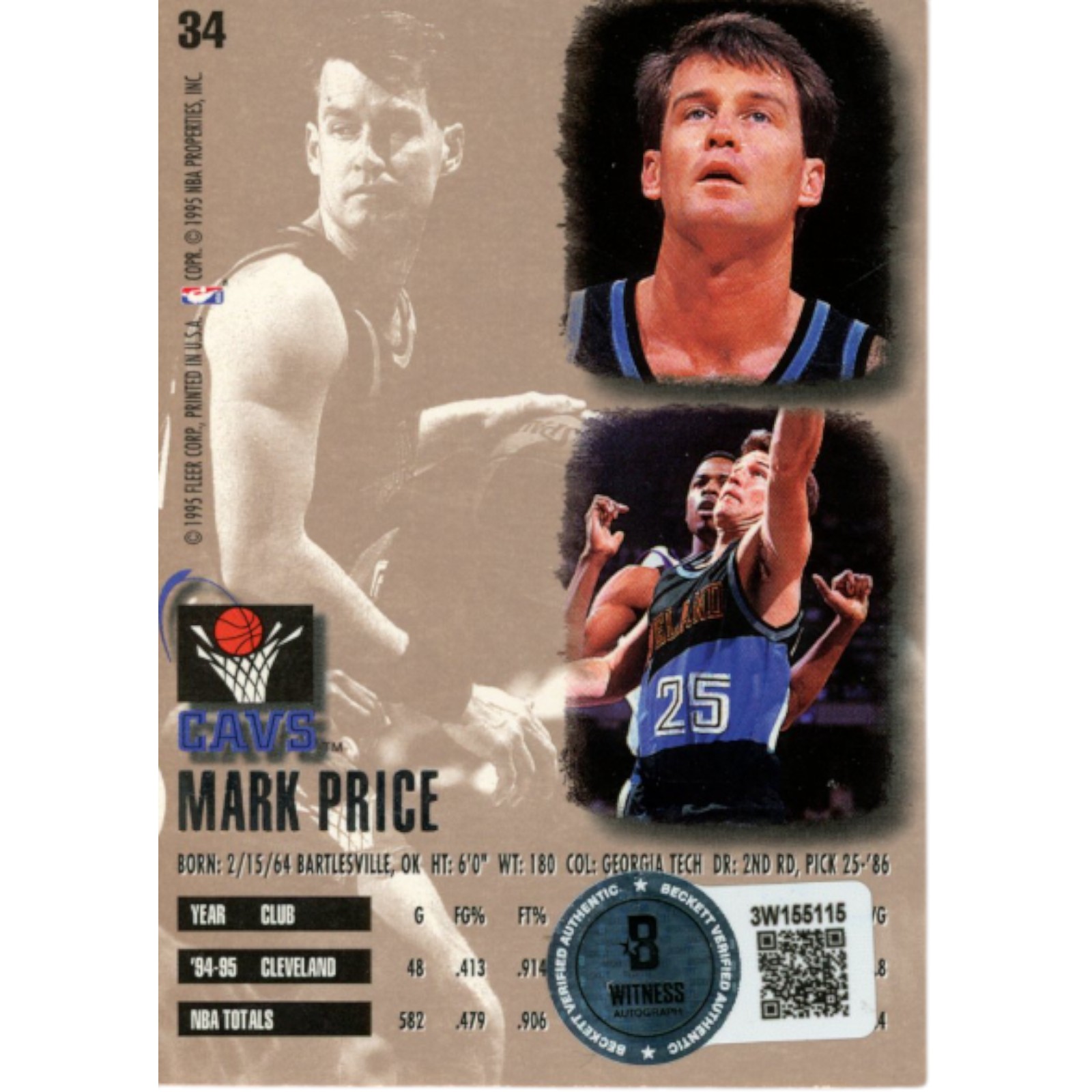 Mark Price Autographed Upper Deck 95-96 Fleer Ultra #34 Card Beckett 51915 2 Mark Price Autographed Upper Deck 95-96 Fleer Ultra #34 Card Beckett 51915