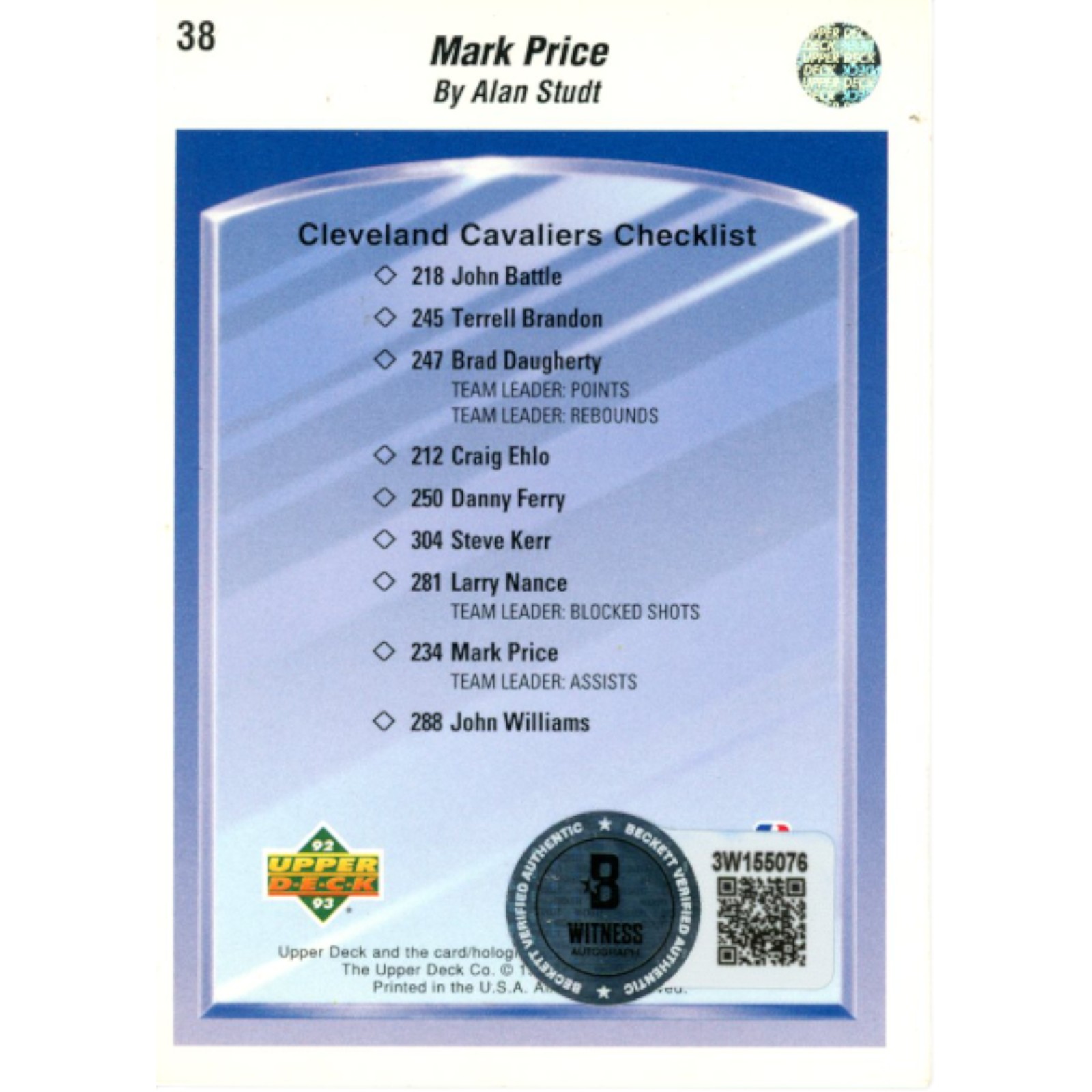 Mark Price Autographed/Signed Upper Deck 92-93 #38 Trading Card Beckett 51925 2 Mark Price Autographed/Signed Upper Deck 92-93 #38 Trading Card Beckett 51925