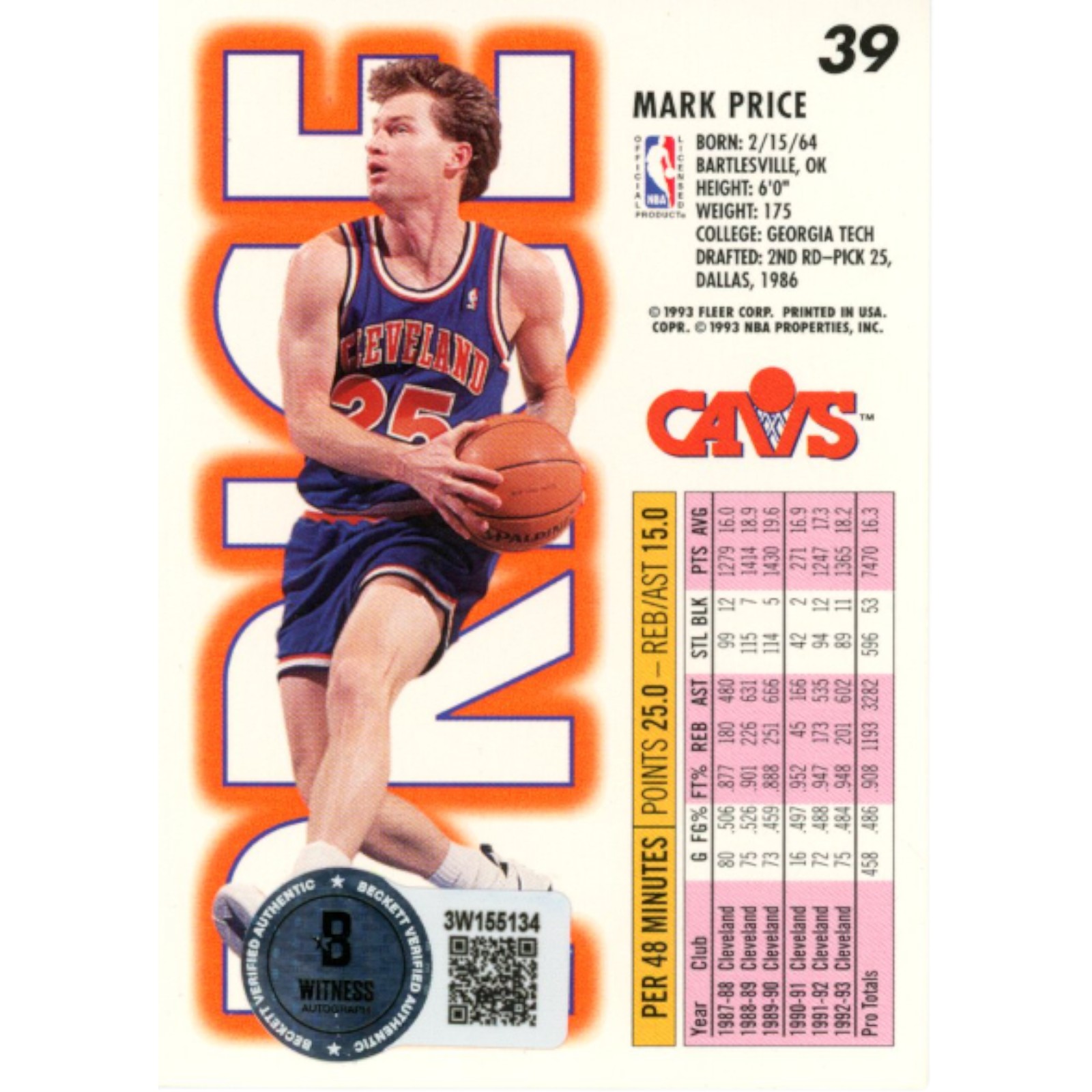 Mark Price Autographed/Signed Fleer 93-94 #39 Trading Card Beckett 51929 2 Mark Price Autographed/Signed Fleer 93-94 #39 Trading Card Beckett 51929