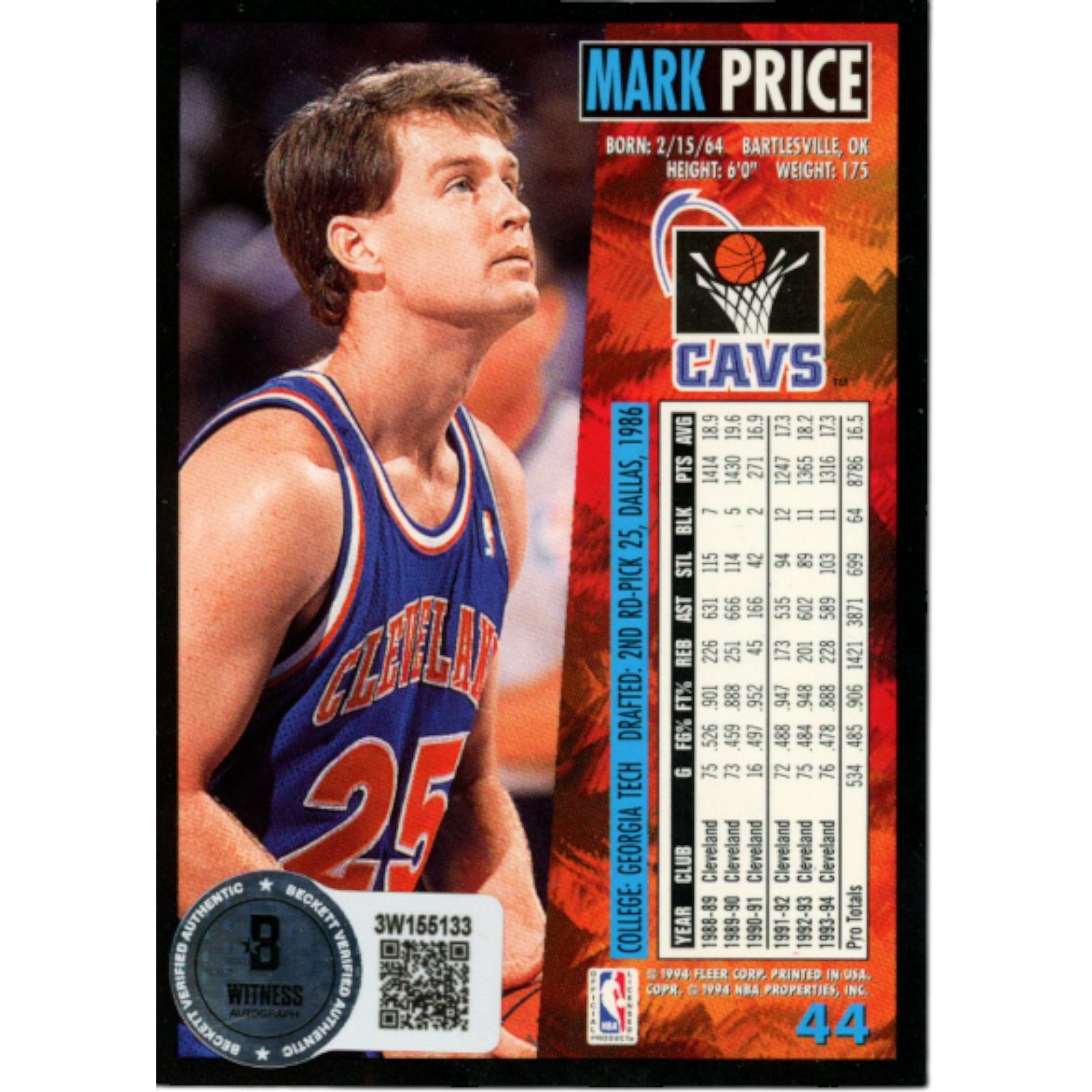 Mark Price Autographed/Signed Fleer 94-95 #44 Trading Card Beckett 51927 2 Mark Price Autographed/Signed Fleer 94-95 #44 Trading Card Beckett 51927