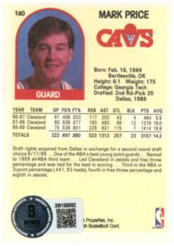 Mark Price Autographed/Signed 1989-1990 Hoops #160 Trading Card Beckett 52549