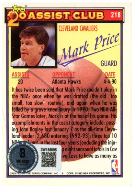 Mark Price Autographed/Signed 1992-1993 Topps #218 Trading Card Beckett 52546 2 Mark Price Autographed/Signed 1992-1993 Topps #218 Trading Card Beckett 52546