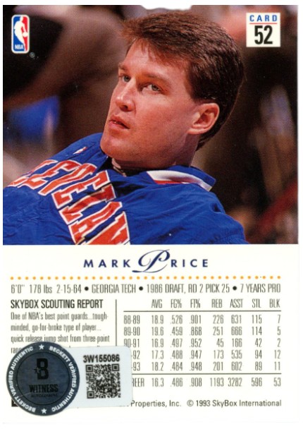 Mark Price Autographed/Signed 1993-1994 Skybox Premium #52 Card Beckett 52554