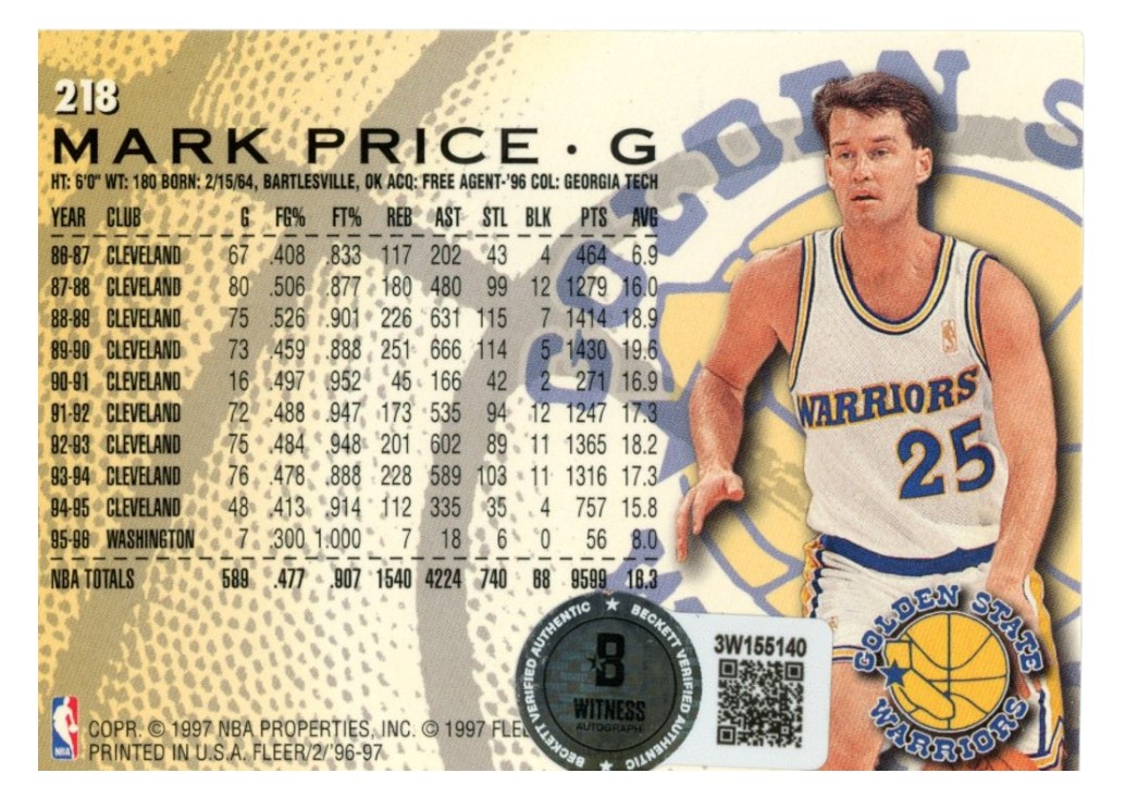 Mark Price Autographed/Signed 1996 Fleer #218 Trading Card Beckett Witness 59412 2 Mark Price Autographed/Signed 1996 Fleer #218 Trading Card Beckett Witness 59412