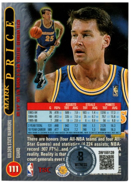 Mark Price Autographed/Signed 1996 Topps Stadium Club #111 Card Beckett 59414 2 Mark Price Autographed/Signed 1996 Topps Stadium Club #111 Card Beckett 59414