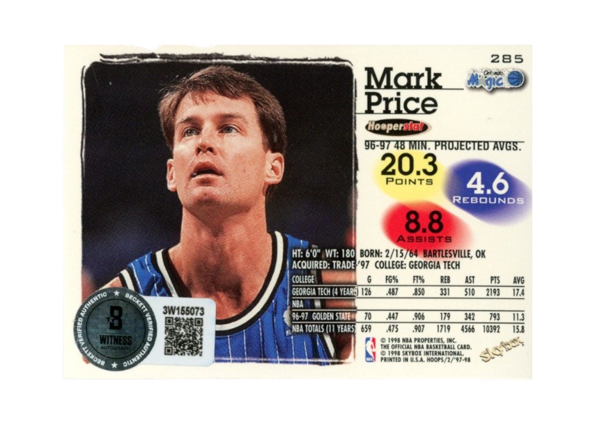 Mark Price Autographed/Signed 1997-1998 Hoops #285 Trading Card Beckett 52515 2 Mark Price Autographed/Signed 1997-1998 Hoops #285 Trading Card Beckett 52515