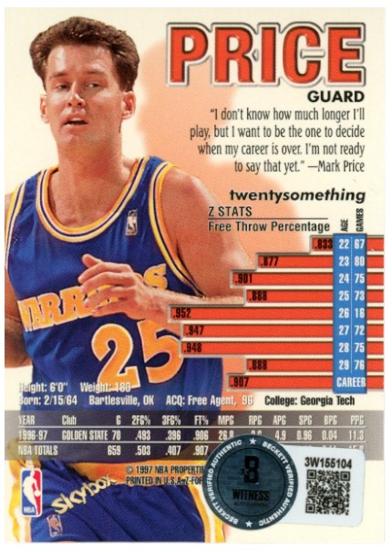 Mark Price Autographed/Signed 97-98 Skybox Z-Force #48 Card Beckett 52509 2 Mark Price Autographed/Signed 97-98 Skybox Z-Force #48 Card Beckett 52509