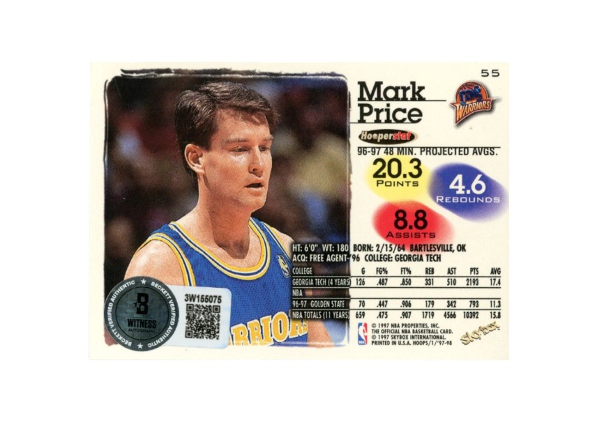 Mark Price Autographed/Signed 97-98 Hoops #55 Trading Card Beckett 52512 2 Mark Price Autographed/Signed 97-98 Hoops #55 Trading Card Beckett 52512