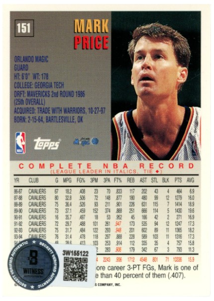 Mark Price Autographed/Signed 97-98 Topps #151 Trading Card Beckett 52513 2 Mark Price Autographed/Signed 97-98 Topps #151 Trading Card Beckett 52513