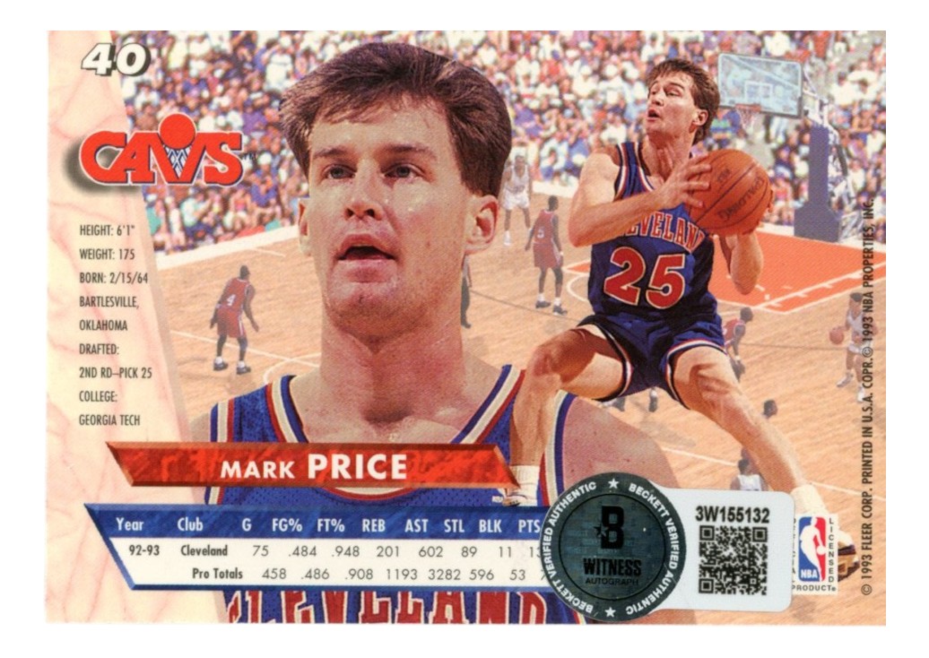 Mark Price Autographed/Signed 93-94 Fleer Ultra #40 Trading Card Beckett 52528 2 Mark Price Autographed/Signed 93-94 Fleer Ultra #40 Trading Card Beckett 52528