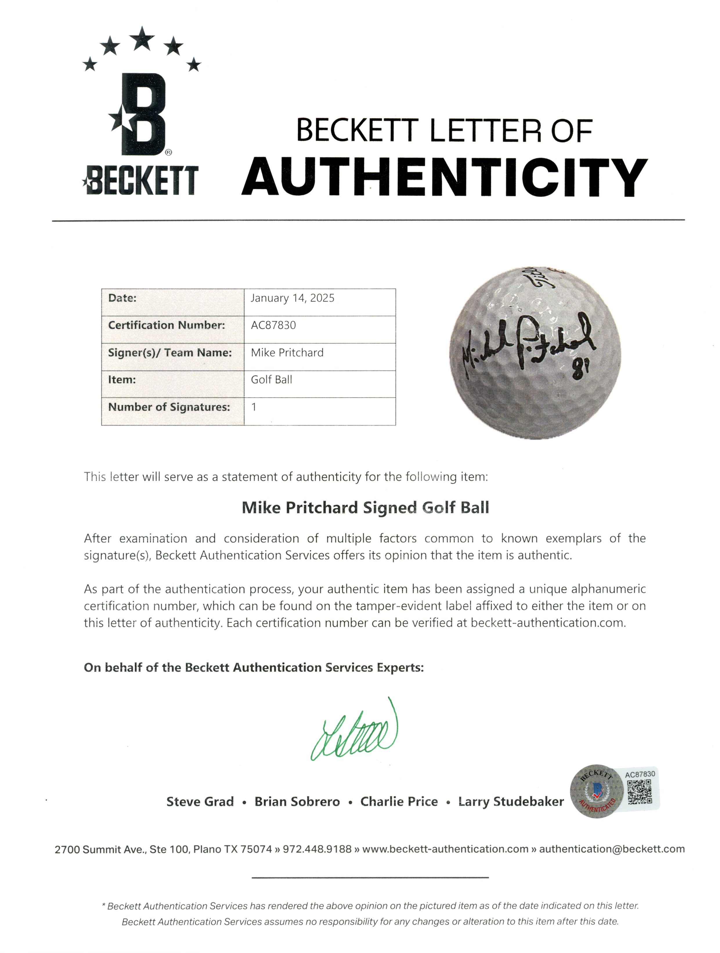 Mike Pritchard Autographed Denver Broncos Titleist Golf Ball Beckett 55408 3 Mike Pritchard Autographed Denver Broncos Titleist Golf Ball Beckett 55408