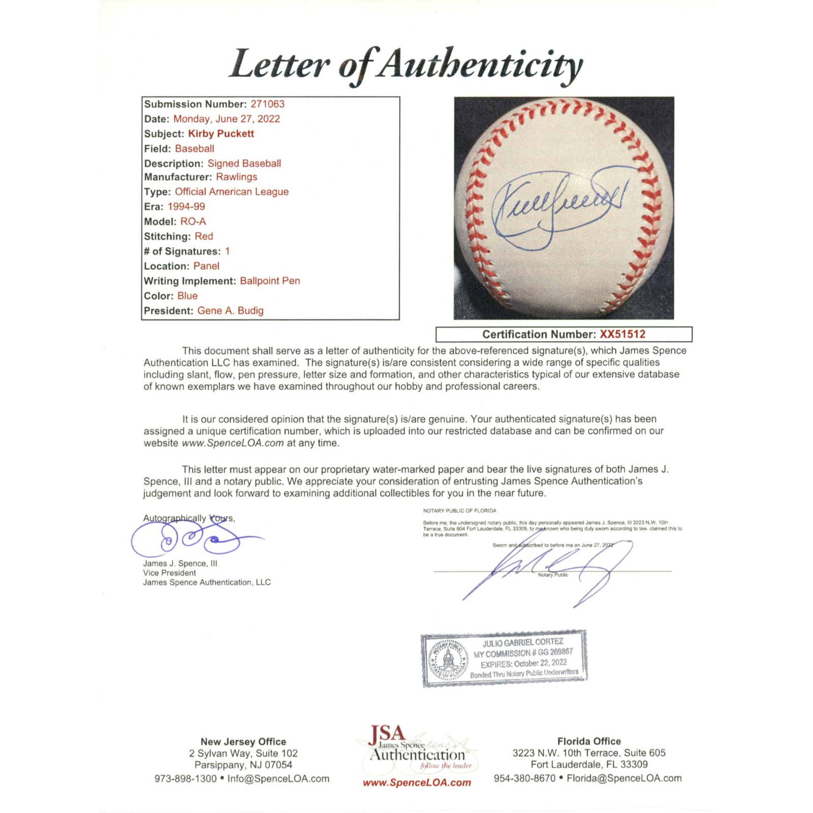 Kirby Puckett Autographed Minnesota Twins American League Baseball JSA 55119 5 Kirby Puckett Autographed Minnesota Twins American League Baseball JSA 55119