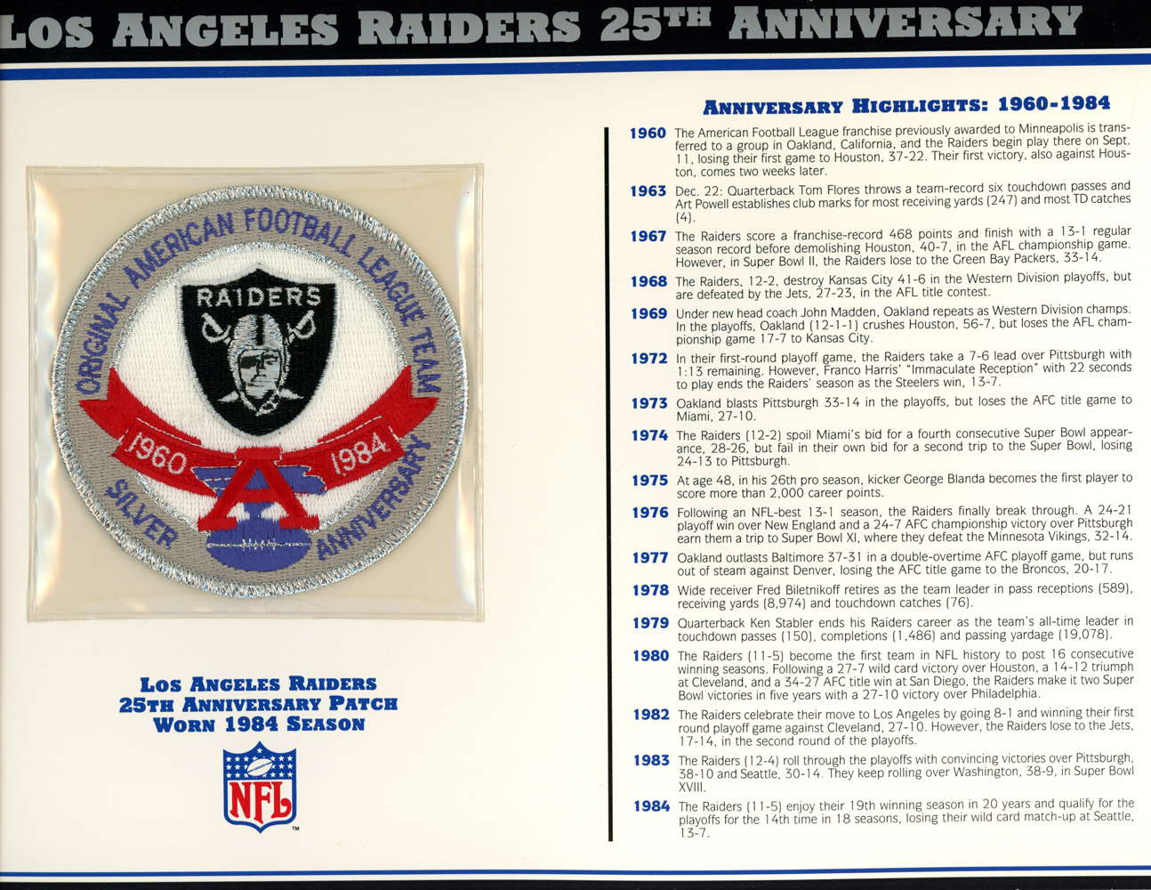 Los Angeles Raiders 25th Anniversary Patch Stat Card Willabee & Ward