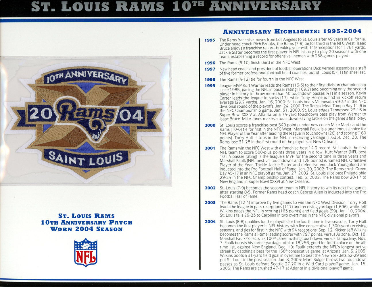 St Louis Rams 10th Anniversary Patch Stat Card Official Willabee & Ward