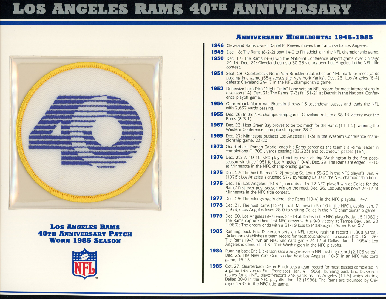Los Angeles Rams 40th Anniversary Patch Stat Card Official Willabee & Ward