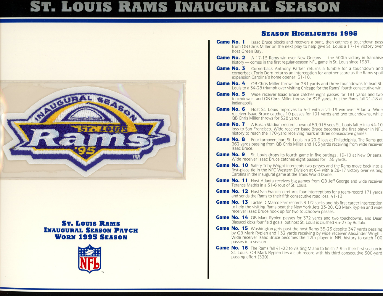 St Louis Rams Inaugural Season Patch Stat Card Official Willabee & Ward