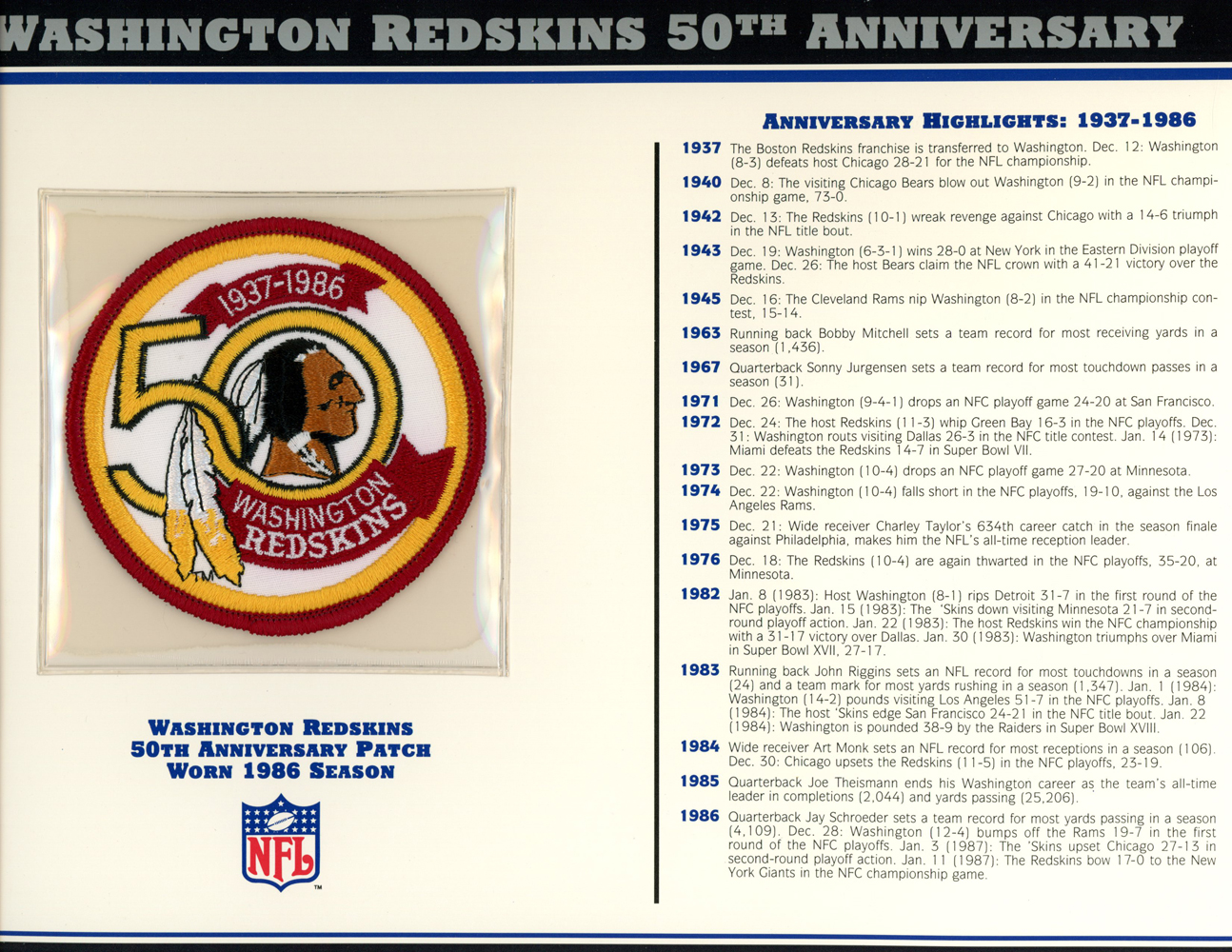 Washington Redskins 50th Anniversary Patch Stat Card Willabee & Ward