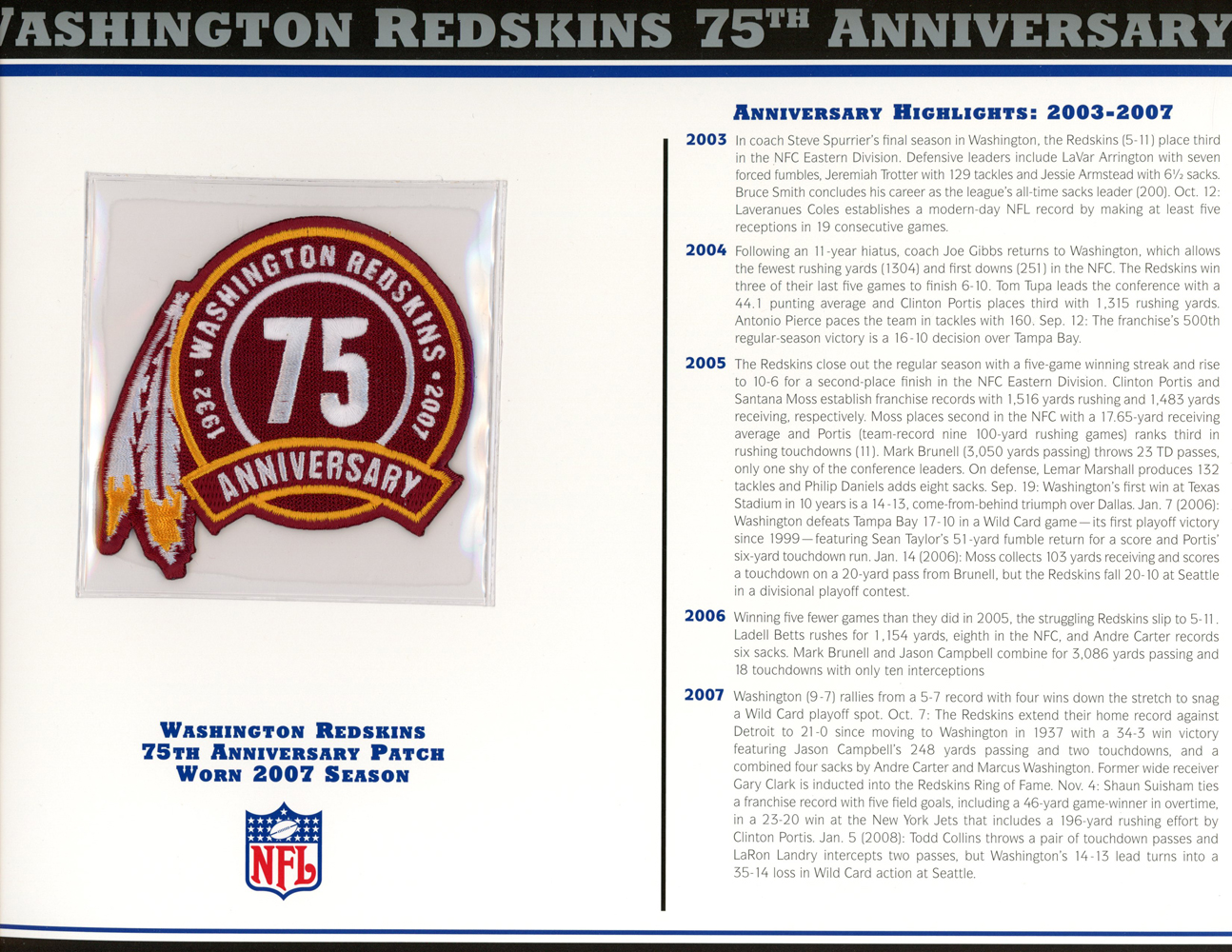 Washington Redskins 75th Anniversary Patch Stat Card Willabee & Ward