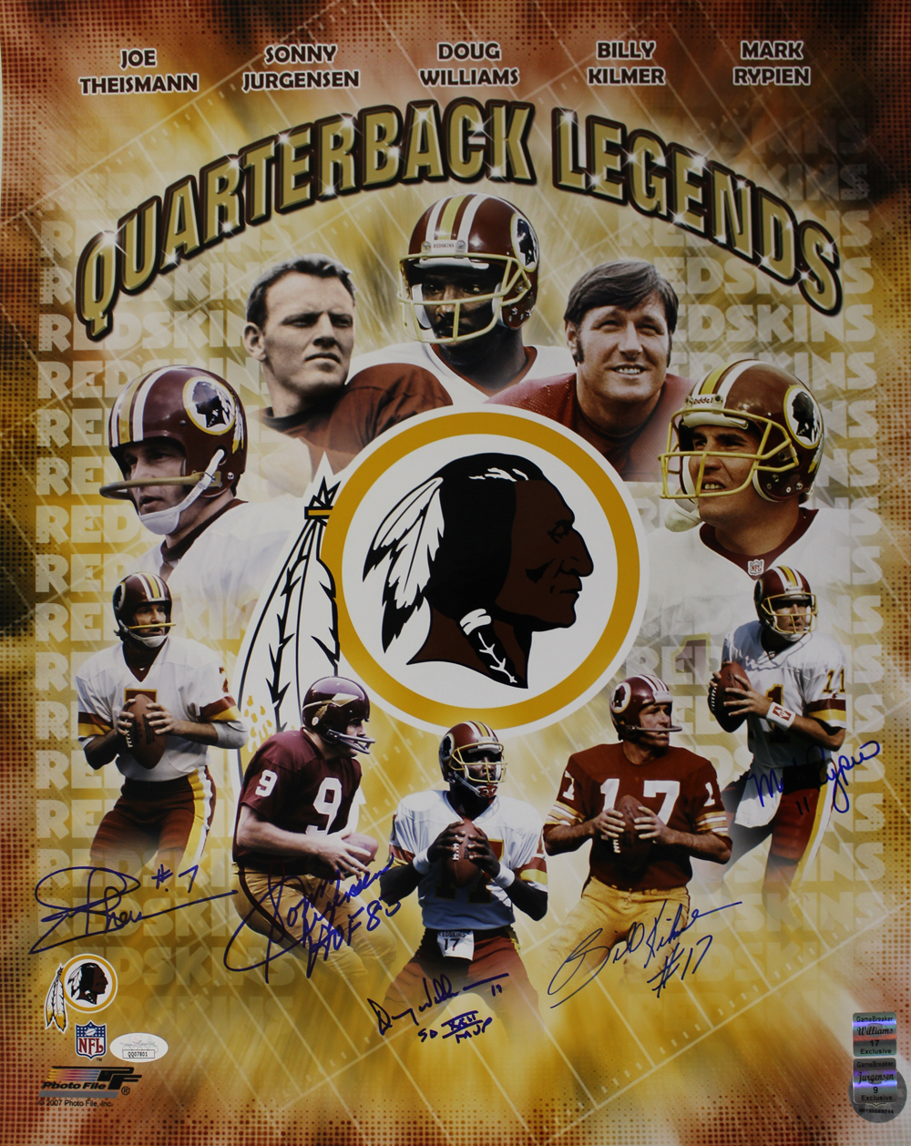 Washington Redskins QB Legends Autographed 16x20 Photo 5 Sigs JSA