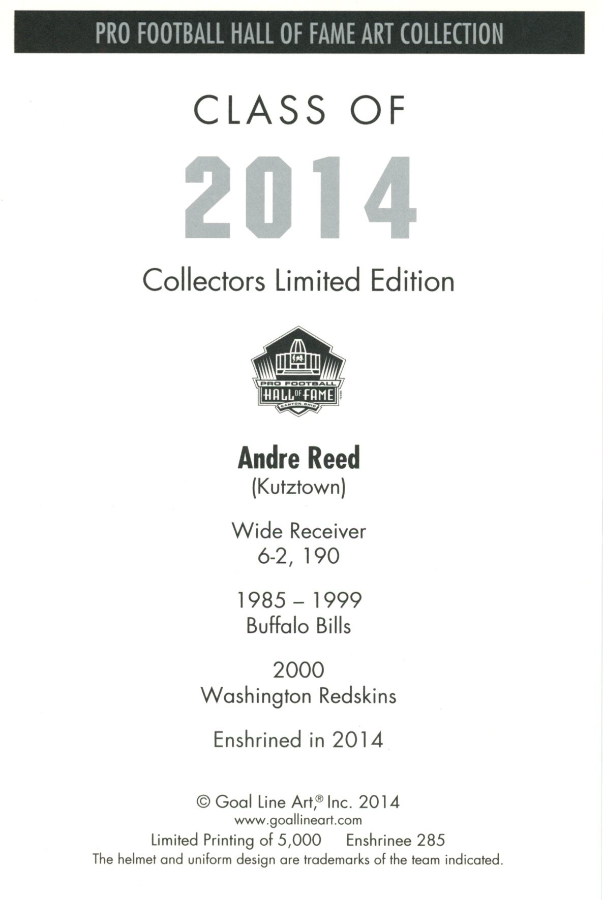 Andre Reed Buffalo Bills Goal Line Art Card Class of 2014 58140 2 Andre Reed Buffalo Bills Goal Line Art Card Class of 2014 58140